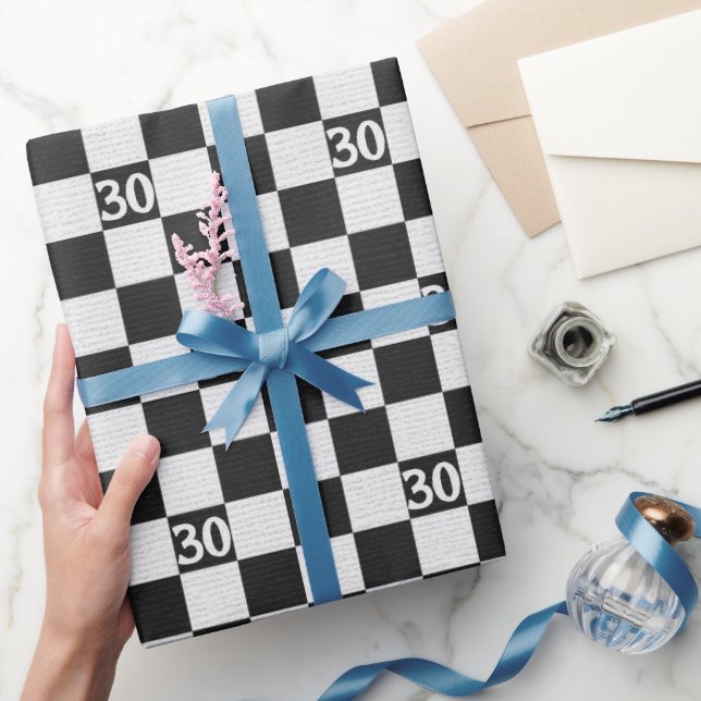 Papel De Presente Verificações aniversário de 30 anos preto e branco (Presentear)