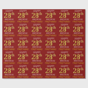 Papel De Presente Vermelho, ANIVERSÁRIO FELIZ Dourado do falso "28o
