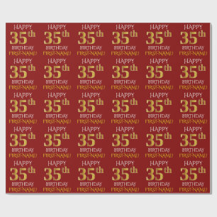 Papel De Presente Vermelho, ANIVERSÁRIO FELIZ Dourado do falso "35o