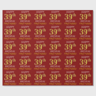 Papel De Presente Vermelho, ANIVERSÁRIO FELIZ Dourado do falso "39t