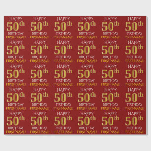 Papel De Presente Vermelho, ANIVERSÁRIO FELIZ Dourado do falso "50t