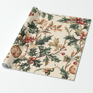 Papel De Presente Vermelho Antigo Verde Azevinho Bronze Enfeite Inve