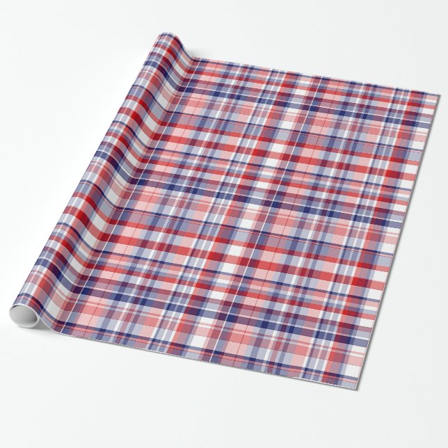Papel De Presente Vermelho, Branco, Azul Xadrez Madras Préppy (Desenrolado)