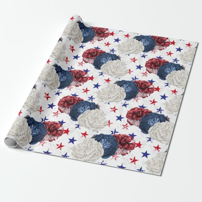 Papel De Presente Vermelho Branco e Azul Quatro de julho Floral (Desenrolado)