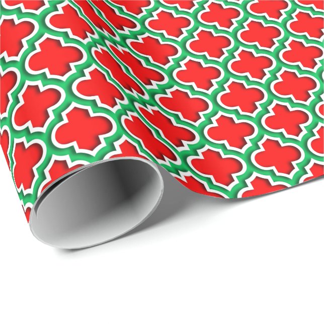 Papel De Presente Vermelho Branco Esmeralda Verde Marroquino Quatref (Ponta do rolo)