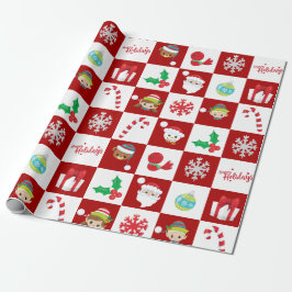 Papel De Presente Vermelho Branco Xadrez Natal Xmas Cartoon 
