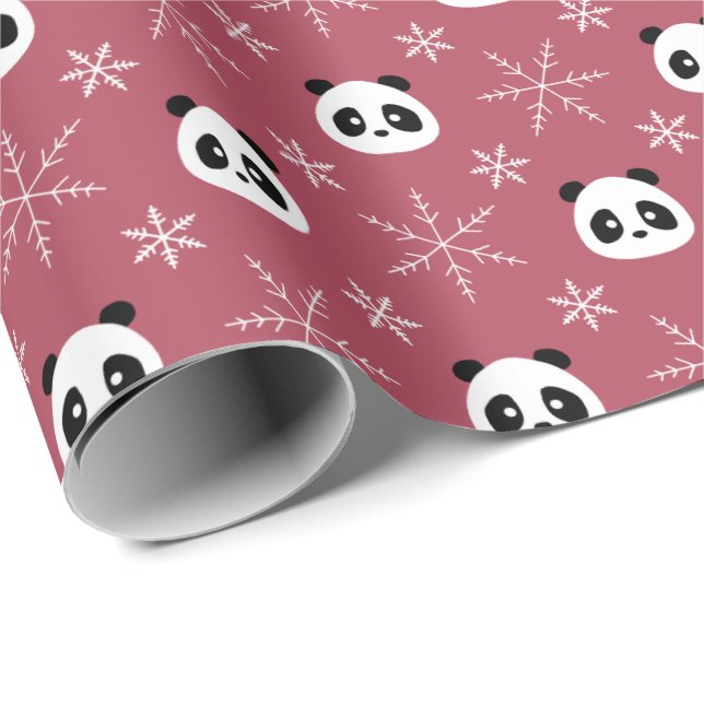 Papel De Presente Vermelho Brilhante Claro - Pandas Bonitas com Floc (Ponta do rolo)