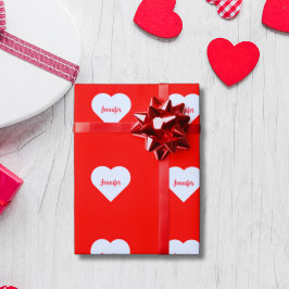 Papel De Presente Vermelho Brilhante Personalizado e Coração Branco