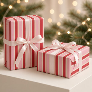 Papel De Presente Vermelho Cereja Bege Rosa Listrado Natal