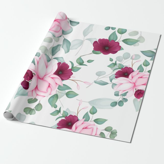Papel De Presente vermelho chic moderno, floral rosa (Desenrolado)