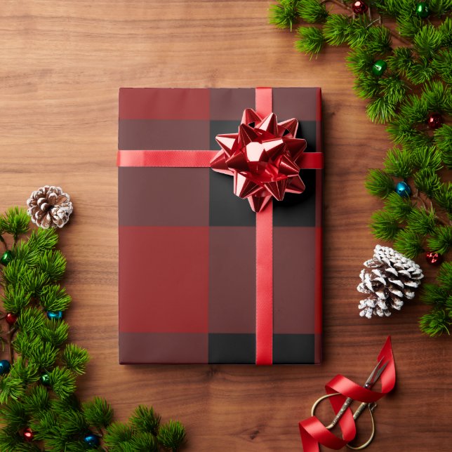 Papel De Presente Vermelho Clássico e Preto Xadrez de Búfalo de Nata (Presente de Natal)