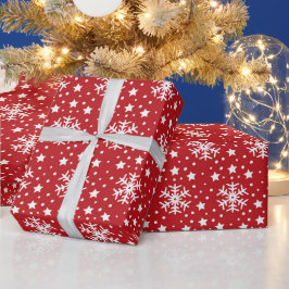 PAPEL DE PRESENTE VERMELHO COM NEVES DE NATAL BRANCO