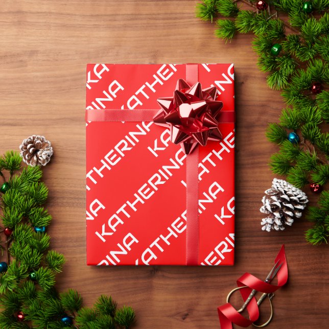 Papel De Presente Vermelho Cor Sólida | Nome Branco Clássico (Presente de Natal)