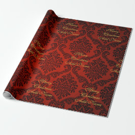 Papel De Presente Vermelho Damask com Feliz Natal em Letra Dourada
