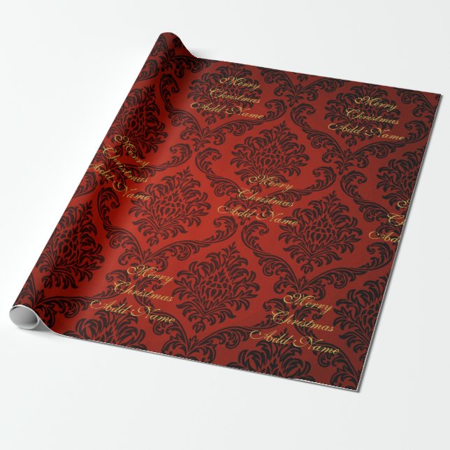 Papel De Presente Vermelho Damask com Feliz Natal em Letra Dourada (Desenrolado)