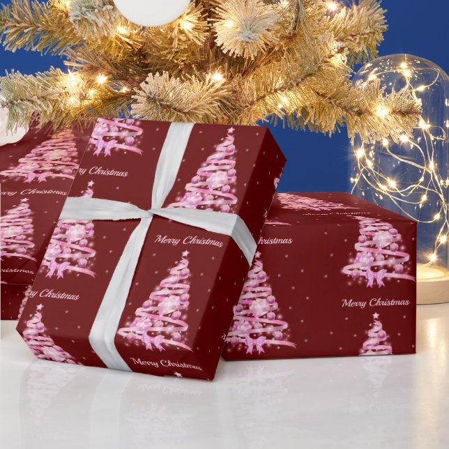 Papel De Presente Vermelho-de-árvore de Natal Rosa Moderno (Feriados)