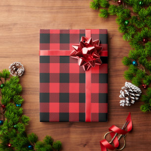 Papel De Presente Vermelho de Natal e Xadrez de Búfalo Preto