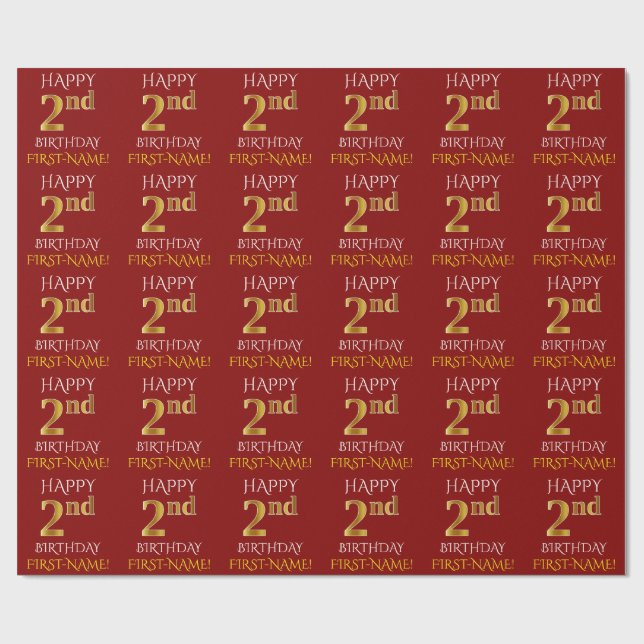 Papel De Presente Vermelho, Dourado "segundo aniversário FELIZ" (Aberto)