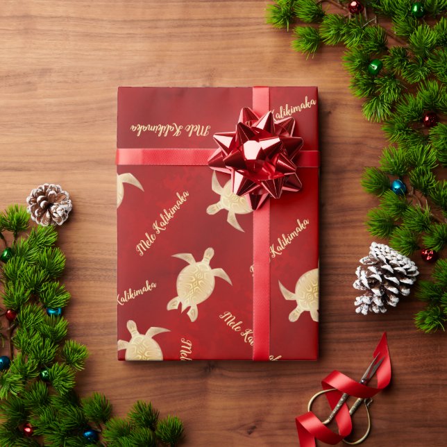 Papel De Presente Vermelho Dourado Tartarugas | Mele Kalikimaka | Na (Presente de Natal)