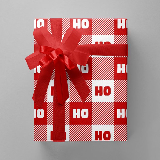 Papel De Presente Vermelho e Branco Chic Natal Plaid Ho Ho Ho (Ho Ho Ho Red & White Chic Christmas Buffalo Plaid Wrapping Paper)