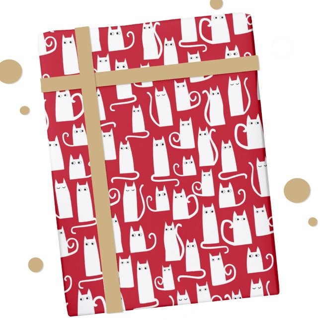 Papel De Presente Vermelho e Branco de Gato Cinto (Red and white festive cat gift wrap)