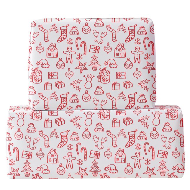 Papel De Presente Vermelho e branco do rabisco de feriado (Fun Christmas holiday scribble doodle illustration red and white gift wrapping paper)