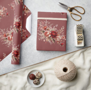 Papel De Presente Vermelho e Rosa Bege Floral 