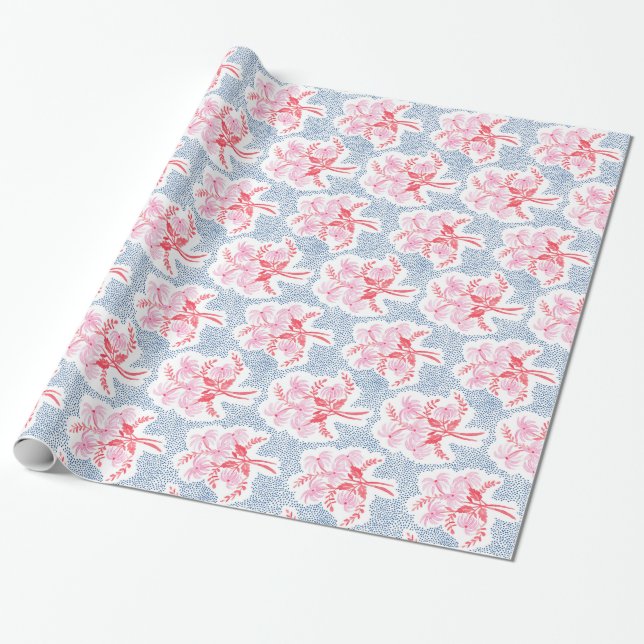 Papel De Presente Vermelho e Rosa Buquê de Pérola com Azul (Desenrolado)