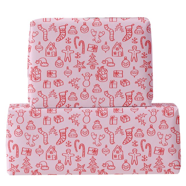 Papel De Presente Vermelho e rosa de rabisco de feriado (Fun Christmas holiday scribble doodle illustration pink and red gift wrapping paper)