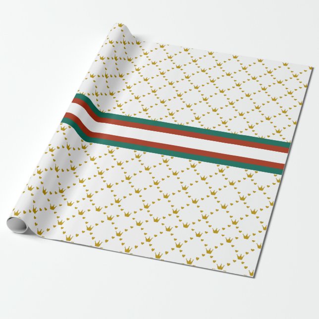 Papel De Presente Vermelho|Faixa Verde|Dourado padrão da coroa real (Desenrolado)