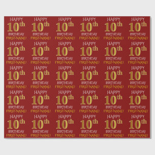 Papel De Presente Vermelho, Faux Dourado "FELIZ 10 ANOS"