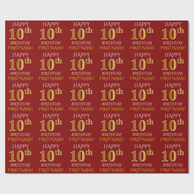 Papel De Presente Vermelho, Faux Dourado "FELIZ 10 ANOS" (Aberto)