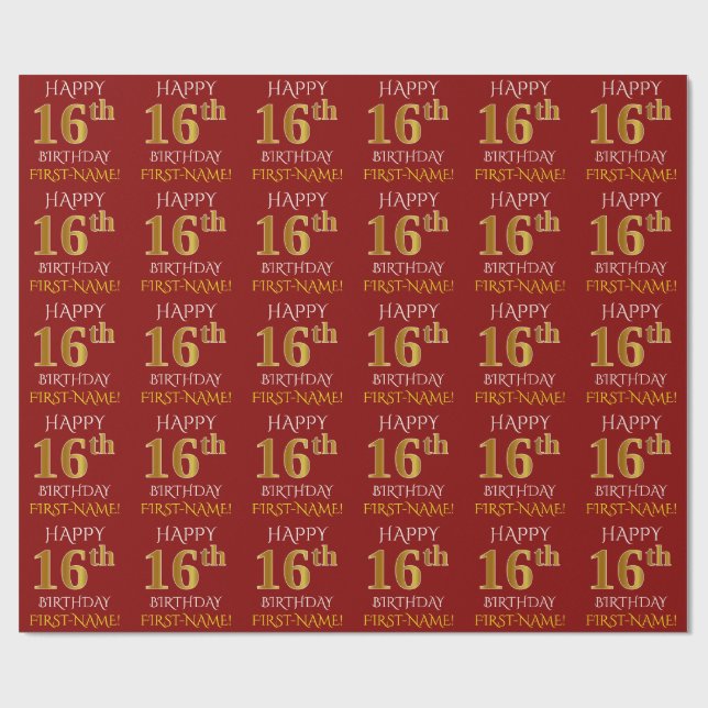 Papel De Presente Vermelho, Faux Dourado "FELIZ 16º ANIVERSÁRIO" (Aberto)