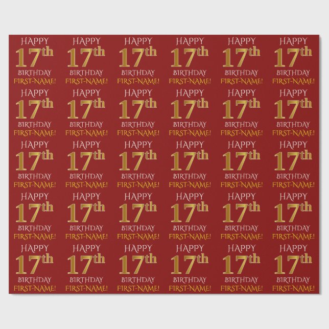 Papel De Presente Vermelho, Faux Dourado "FELIZ 17º ANIVERSÁRIO" (Aberto)
