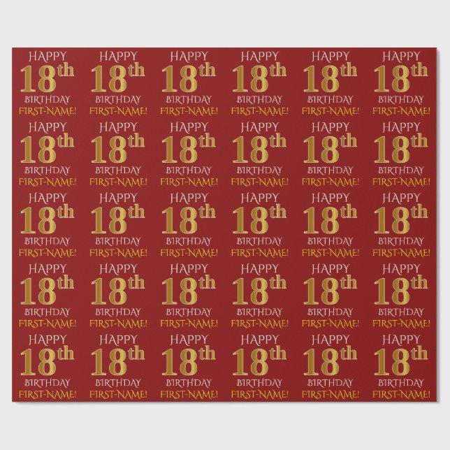 Papel De Presente Vermelho, Faux Dourado "FELIZ 18 ANOS" (Aberto)