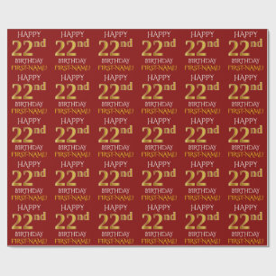 Papel De Presente Vermelho, Faux Dourado "FELIZ 22º ANIVERSÁRIO"