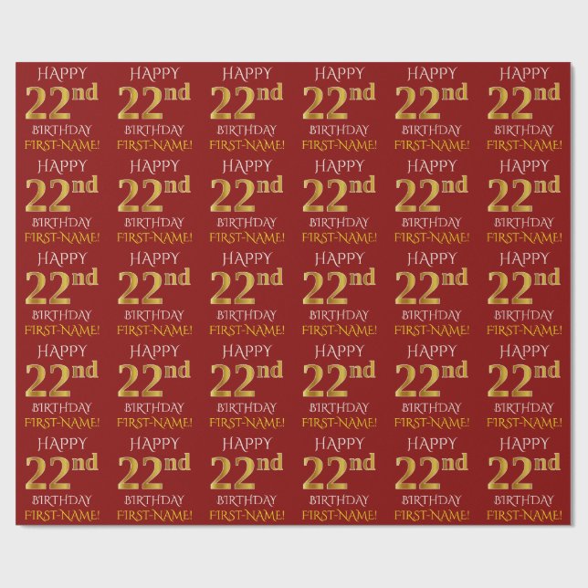 Papel De Presente Vermelho, Faux Dourado "FELIZ 22º ANIVERSÁRIO" (Aberto)
