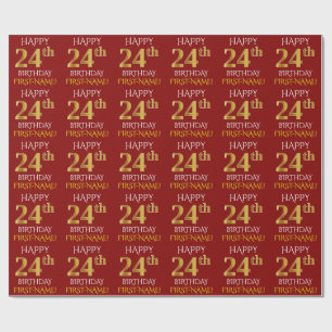 Papel De Presente Vermelho, Faux Dourado "FELIZ 24 ANOS"