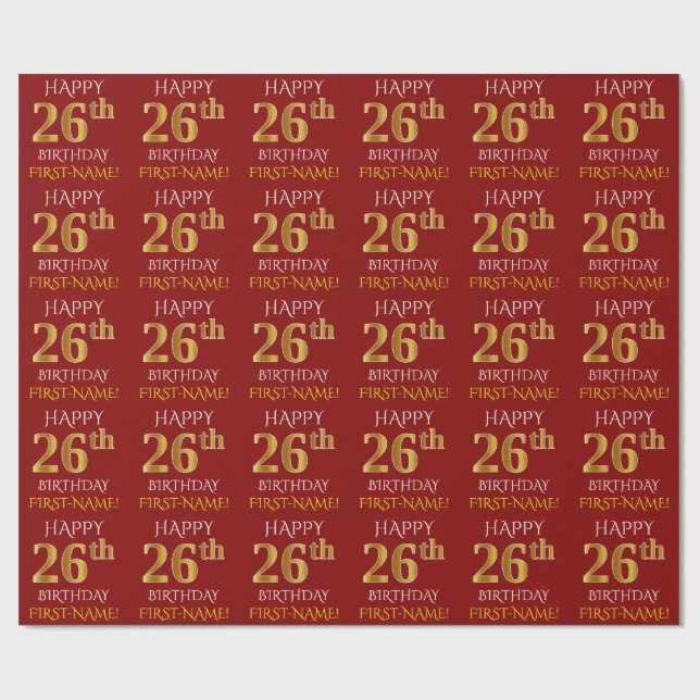 Papel De Presente Vermelho, Faux Dourado "FELIZ 26º ANIVERSÁRIO" (Aberto)