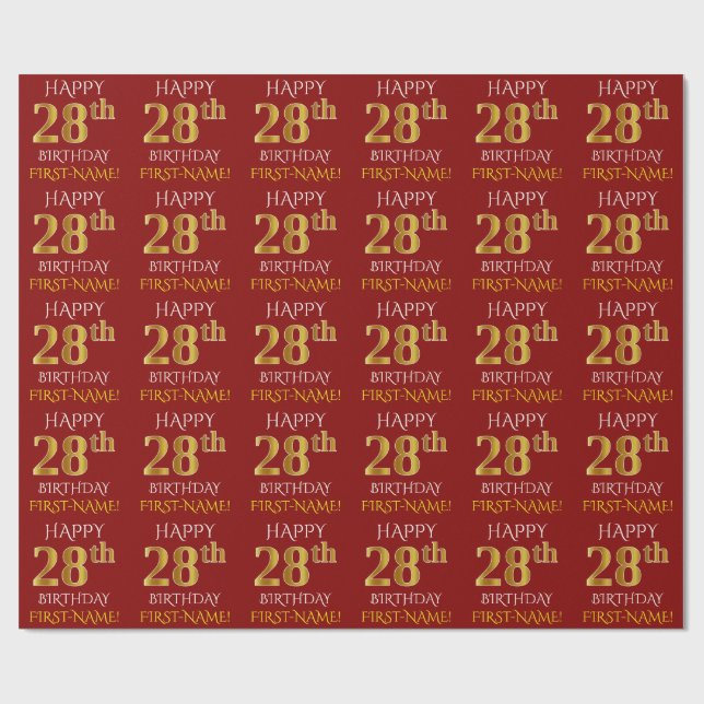 Papel De Presente Vermelho, Faux Dourado "FELIZ 28 ANOS" (Aberto)