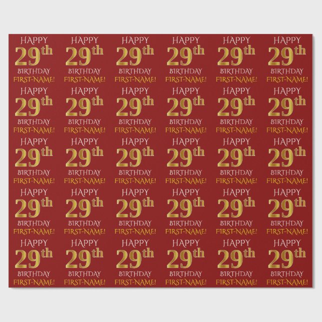 Papel De Presente Vermelho, Faux Dourado "FELIZ 29º ANIVERSÁRIO" (Aberto)