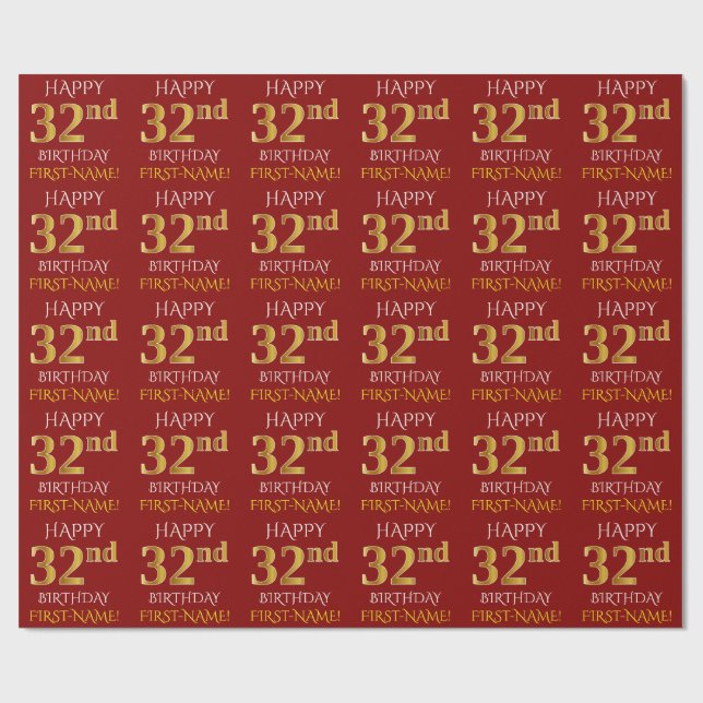 Papel De Presente Vermelho, Faux Dourado "FELIZ 32º ANIVERSÁRIO" (Aberto)