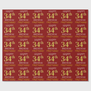 Papel De Presente Vermelho, Faux Dourado "FELIZ 34 ANOS"