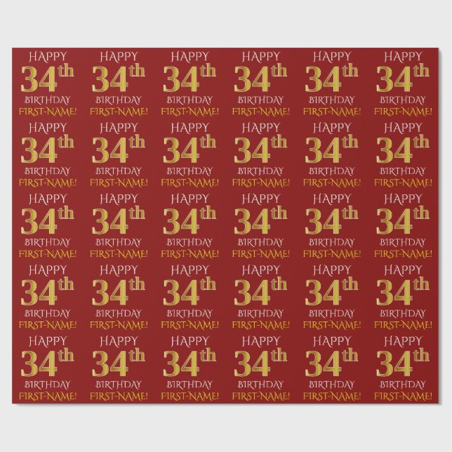 Papel De Presente Vermelho, Faux Dourado "FELIZ 34 ANOS" (Aberto)