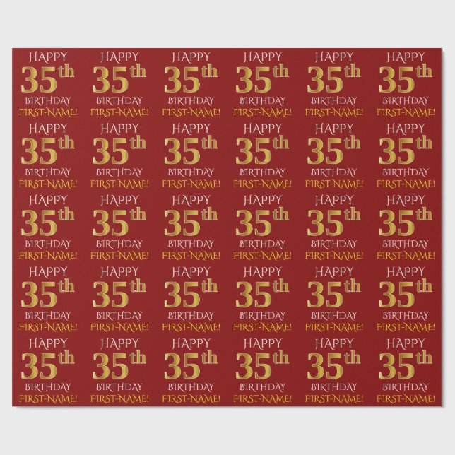 Papel De Presente Vermelho, Faux Dourado "FELIZ 35 ANOS" (Aberto)