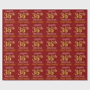 Papel De Presente Vermelho, Faux Dourado "FELIZ 36 ANOS"