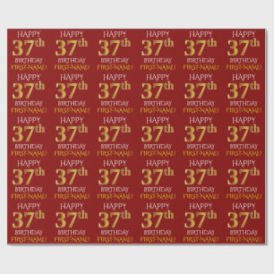 Papel De Presente Vermelho, Faux Dourado "FELIZ 37 ANOS"
