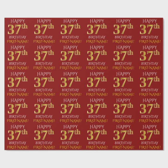 Papel De Presente Vermelho, Faux Dourado "FELIZ 37 ANOS" (Aberto)