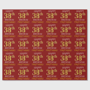 Papel De Presente Vermelho, Faux Dourado "FELIZ 38 ANOS"