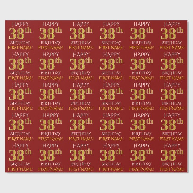 Papel De Presente Vermelho, Faux Dourado "FELIZ 38 ANOS" (Aberto)